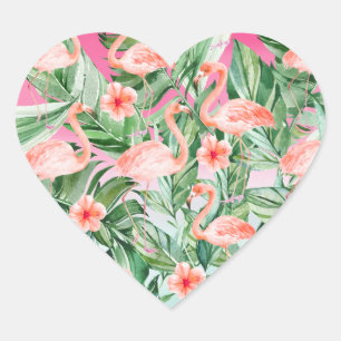 Tropische Flamingo Hibiscus Roze Munt Bloemen Hart Sticker