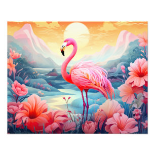 Tropische Flamingo met Bloemen Foto Afdruk