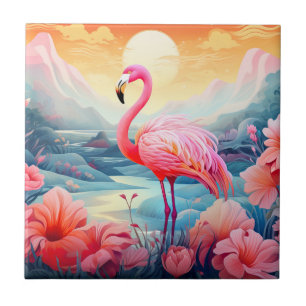 Tropische Flamingo met Bloemen Tegeltje