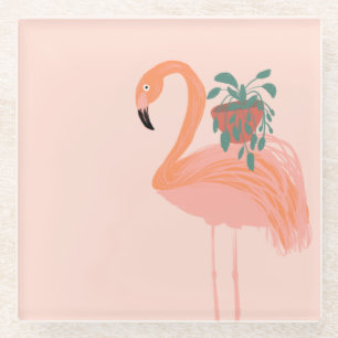 Tropische Flamingo met kamerplant Handgetekend Glazen Onderzetter