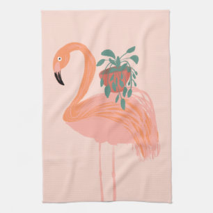 Tropische Flamingo met Kamerplant Handgetekend Theedoek