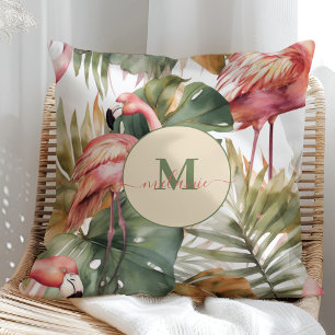 Tropische Flamingo Monstera Aangepaste naam Kussen
