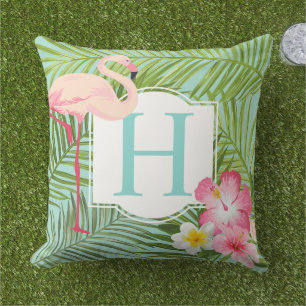 Tropische Flamingo Palm Hibiscus Monogram Initiaal Buitenkussen