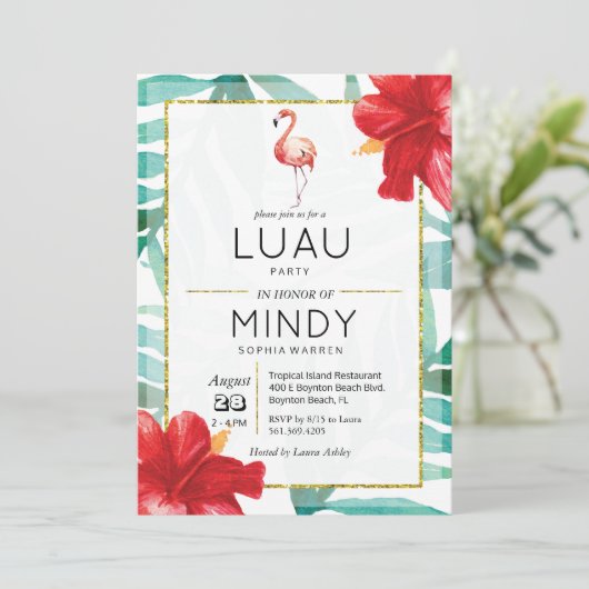 Tropische Flamingo Palm Luau Uitnodiging (Staand voorkant)
