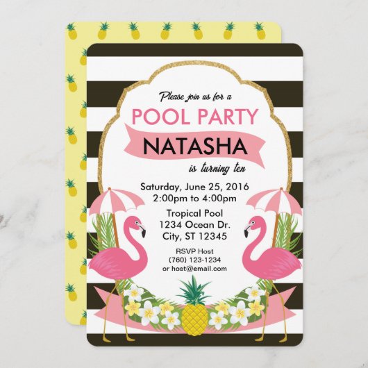 Tropische Flamingo Pool Party Uitnodiging (Voorkant / Achterkant)