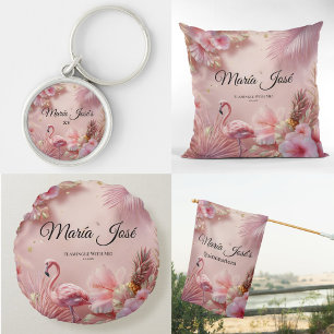 Tropische Flamingo Quinceañera, op maat Rond Kussen
