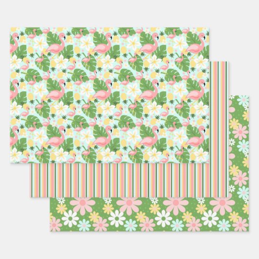 Tropische Flamingo Retro Daisy Flower Stripes Wrap Inpakpapier Vel (Set)