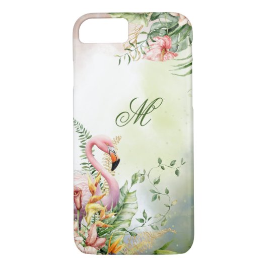 Tropische Flamingo Roze Bloemen Waterverf Monogram Case-Mate iPhone Case (Achterkant)