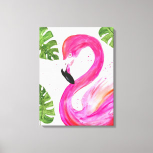 Tropische Flamingo roze palmbladeren Groene kunst  Canvas Afdruk