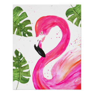 Tropische Flamingo roze palmbladeren Groene kunst Perfect Poster