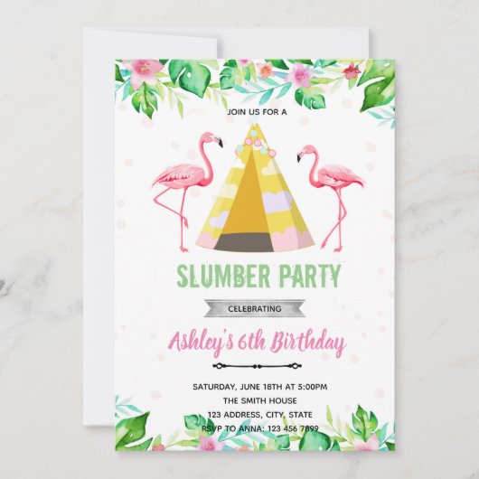 Tropische flamingo sleepover uitnodiging (Voorkant)