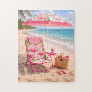 Tropische Flamingo Thema Strandstoel & Parasol Legpuzzel