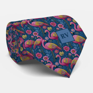 Tropische Flamingo Tuin op Marineblauw Stropdas