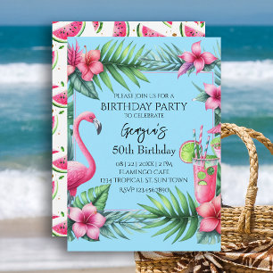 Tropische flamingo watermeloen verjaardagsfeestje kaart