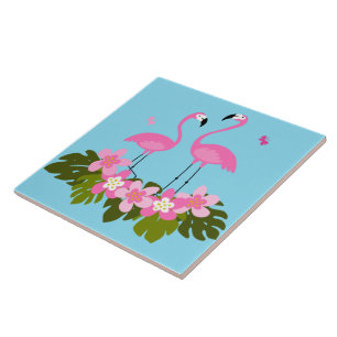 Tropische flamingo's en bloemenillustratie tegeltje
