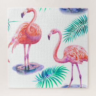 Tropische flamingo's: Orchideeën Waterverf naadloo Legpuzzel