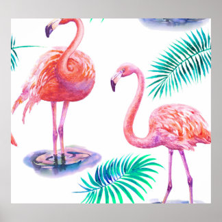 Tropische flamingo's: Orchideeën Waterverf naadloo Poster