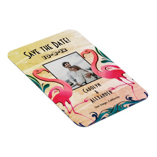 Tropische Flamingos Photo Weddenschap Save the Dat Magneet (Rechterzijde)