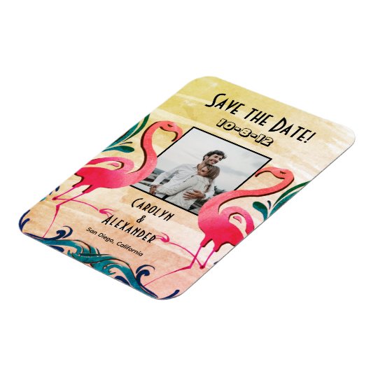 Tropische Flamingos Photo Weddenschap Save the Dat Magneet (Linkerzijde)
