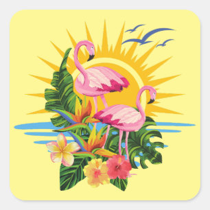 Tropische Flamingo's Zonneschijn en Bloemen Vierkante Sticker