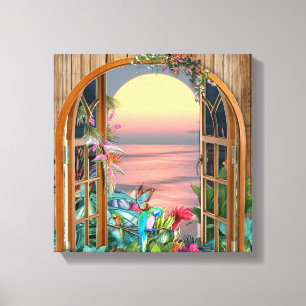 Tropische Flora Paradise Sunset Scenery Canvas Afdruk