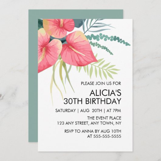 Tropische Flora Roze Anthurium & Monstera Verjaard Kaart (Voorkant / Achterkant)