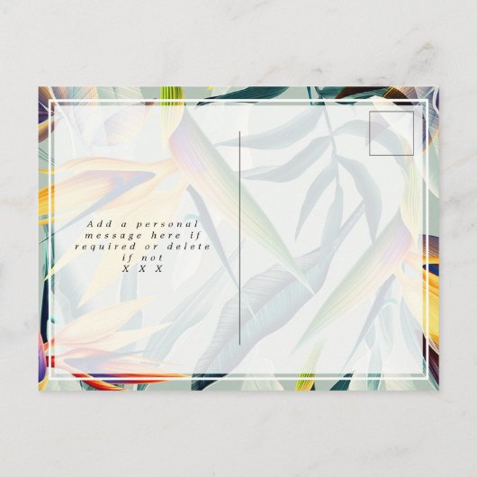 tropische floraallichten bruiloft redden met datum aankondigingskaart (Achterkant)