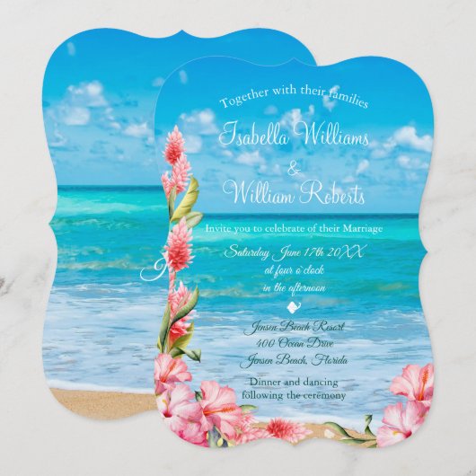 Tropische Floral Beach Wedding Kaart (Voorkant / Achterkant)
