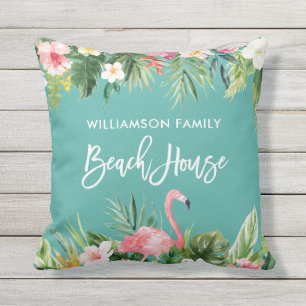 Tropische Floral Brush Script Family Beach House Buitenkussen