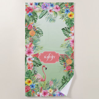 Tropische Floral Flamingo Waterverf Monogram Naam Strandlaken