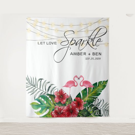 Tropische Floral Flamingos String Lights Wedding Wandkleed (Voorkant)