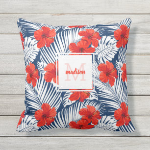 Tropische Floral Hibiscus Flower Custom Monogram Buitenkussen