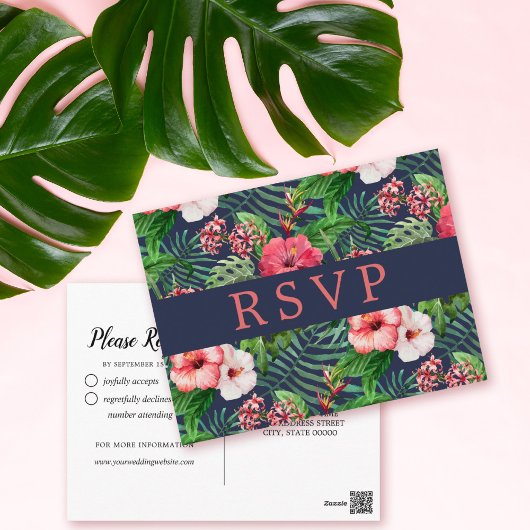 Tropische Floral Hibiscus Navy Wedding RSVP Briefkaart