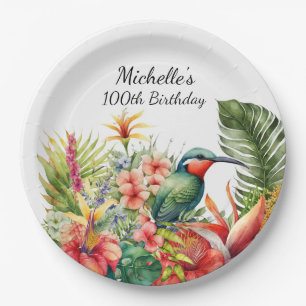 Tropische Floral Hummingbird 100th Birthday Papieren Bordje