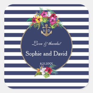 Tropische Floral Luau Navy Blue Stripes Wedding Vierkante Sticker