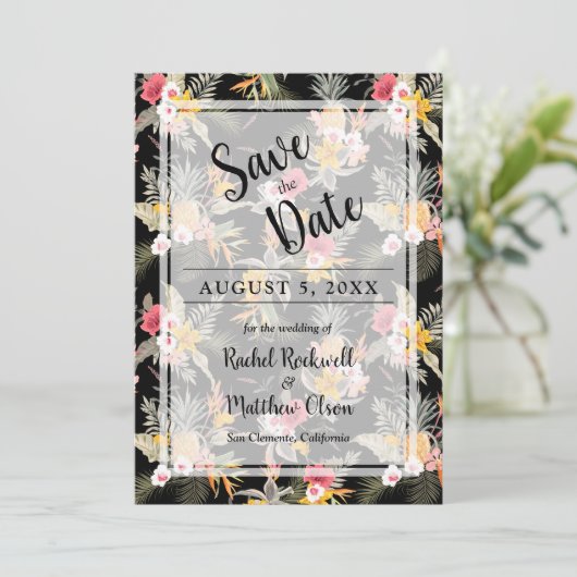 Tropische Floral op Black Wedding Save the Date (Staand voorkant)