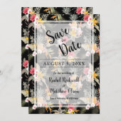 Tropische Floral op Black Wedding Save the Date (Voorkant / Achterkant)