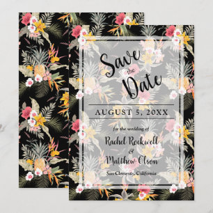 Tropische Floral op Black Wedding Save the Date