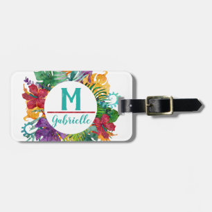 Tropische Floral Palm Wreatmonogram Initiaal Naam Bagagelabel