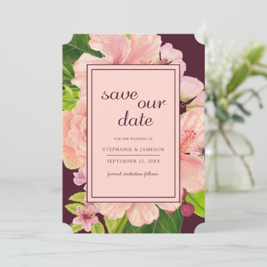 Tropische Floral roze en perzikkleurige Waterverf Save The Date (Staand voorkant)