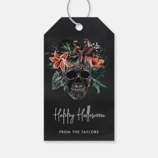 Tropische Floral Skull Halloween Cadeaulabel (Voorkant)