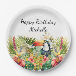 Tropische Floral Toucan Happy Birthday Name Papieren Bordje
