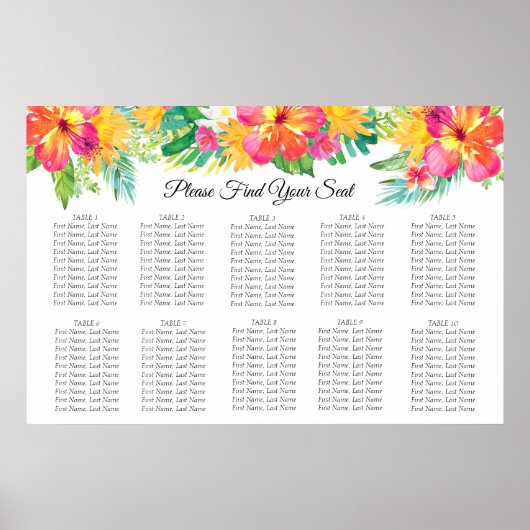 Tropische Floral Wedding Seating Chart Poster (Voorkant)