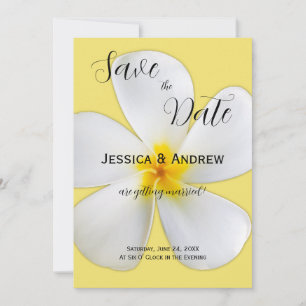 Tropische Floral, witte plassen op geel, bruiloft Save The Date