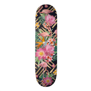Tropische florale, flamingos- en goudberoertes skateboard