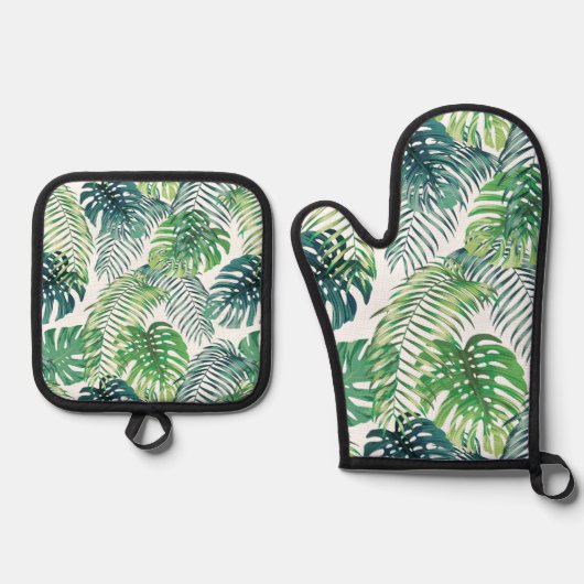Tropische foliage ontwerp Oven Mitt & Pothouder Se Ovenwant & Pannenlap Set (Voorkant)