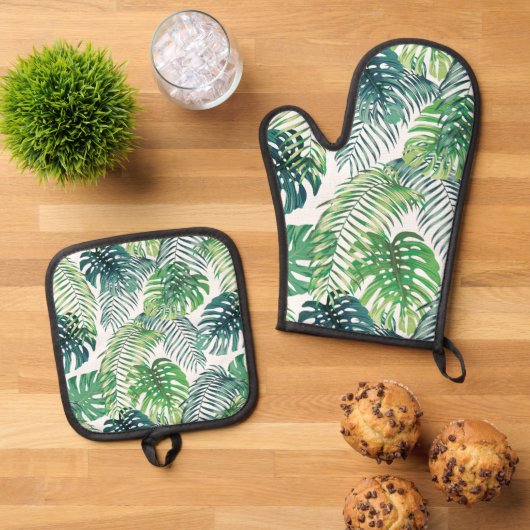 Tropische foliage ontwerp Oven Mitt & Pothouder Se Ovenwant & Pannenlap Set (Top down)