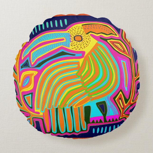 Tropische Folk Art Parrot Rond Kussen (Voorkant)