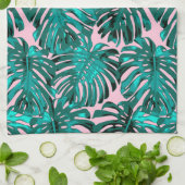 Tropische Girly Roze Turquoise Palm Bladeren Theedoek (Gevouwen)
