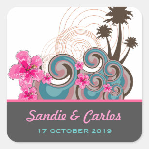 Tropische golven roze hibiscus Destination Wedinat Vierkante Sticker